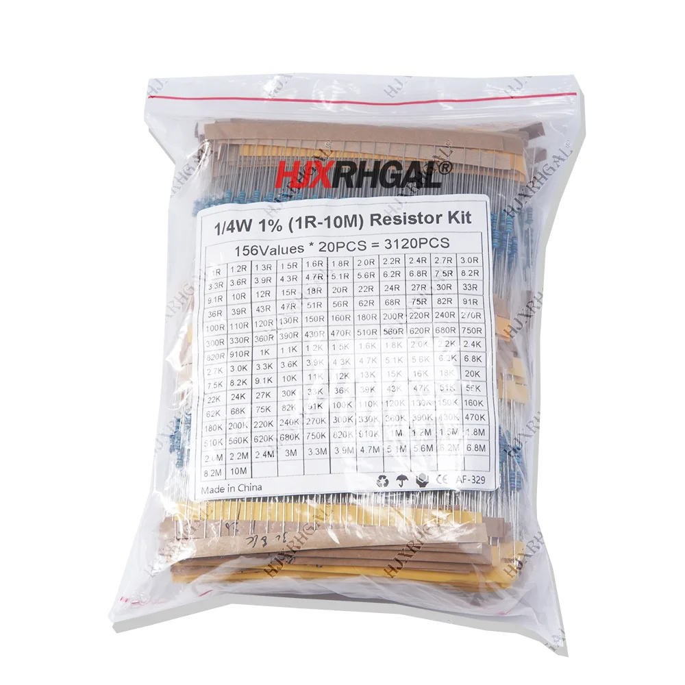 3120 Uds. Unidad eléctrica de 156 valores 1/4W Kit de resistencia de película metálica de potencia 1R-10M 1% surtido de tolerancia 1ohm-10Mohm paquete de muestras