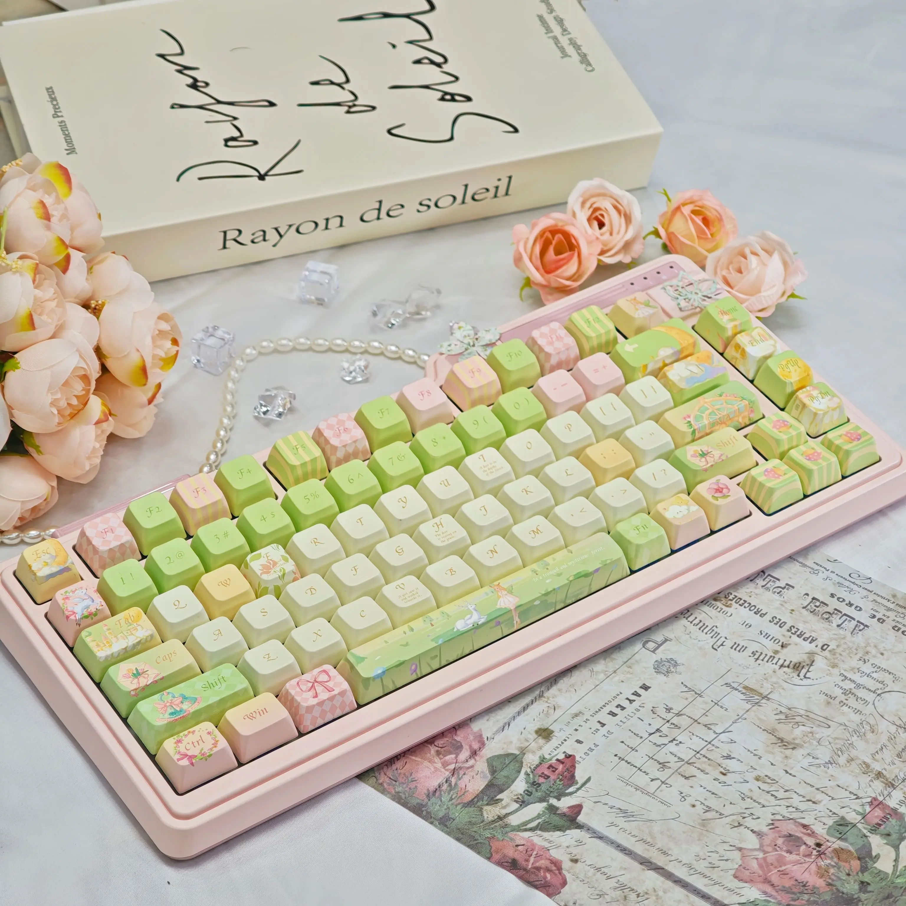 Teclas con tema de bosque y ciervo, cereza verde claro/profilo MDA, teclas de teclado mecánico personalizadas PBT, 140 teclas, bonitas teclas de hadas - imagen 3