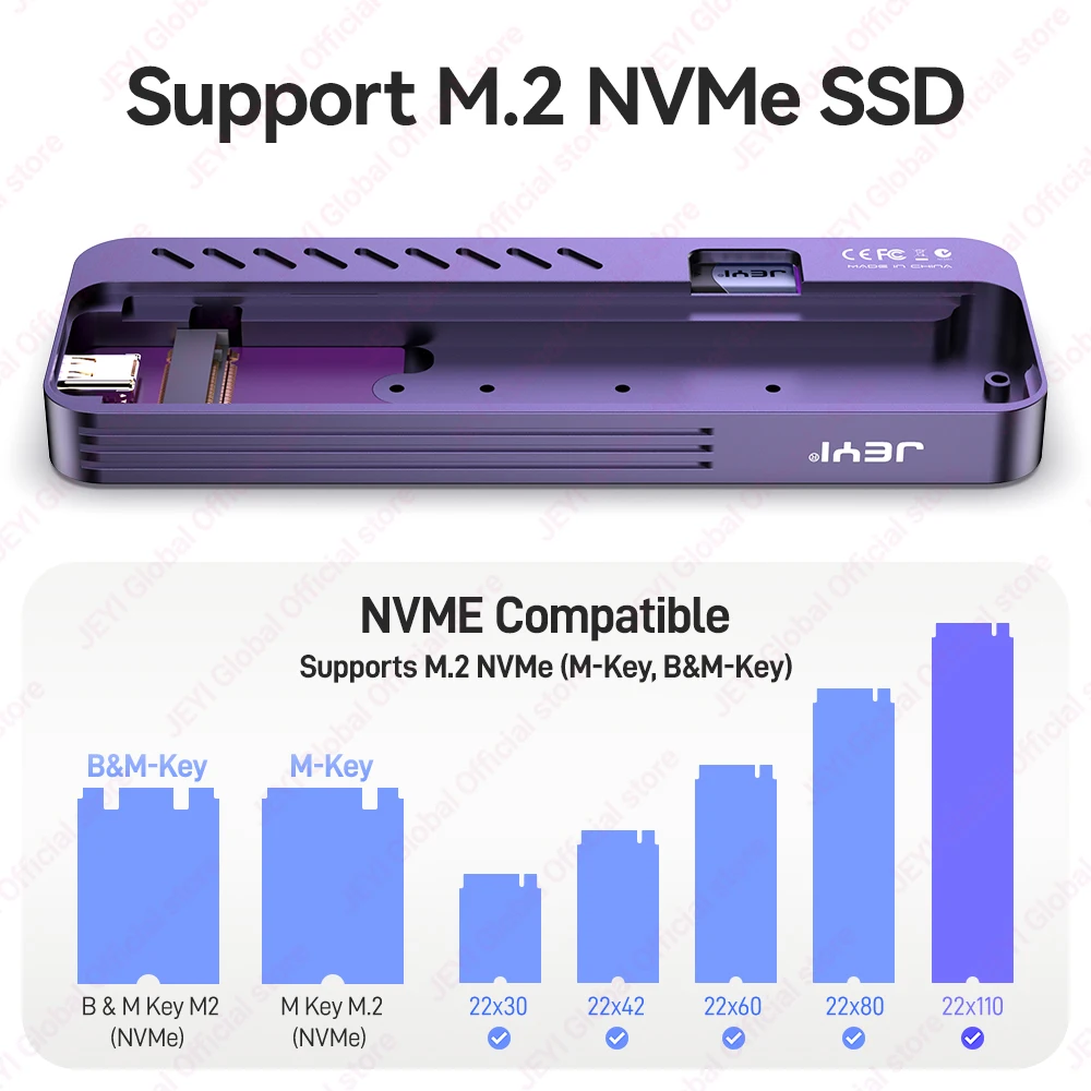 JEYI 22110 M.2 NVME SSD Caja-USB 3.2 Gen2 Tipo-C 10 Gbps Compatible con teclas M&B+M 2230/2242/2260/2280 con cable plano - imagen 4