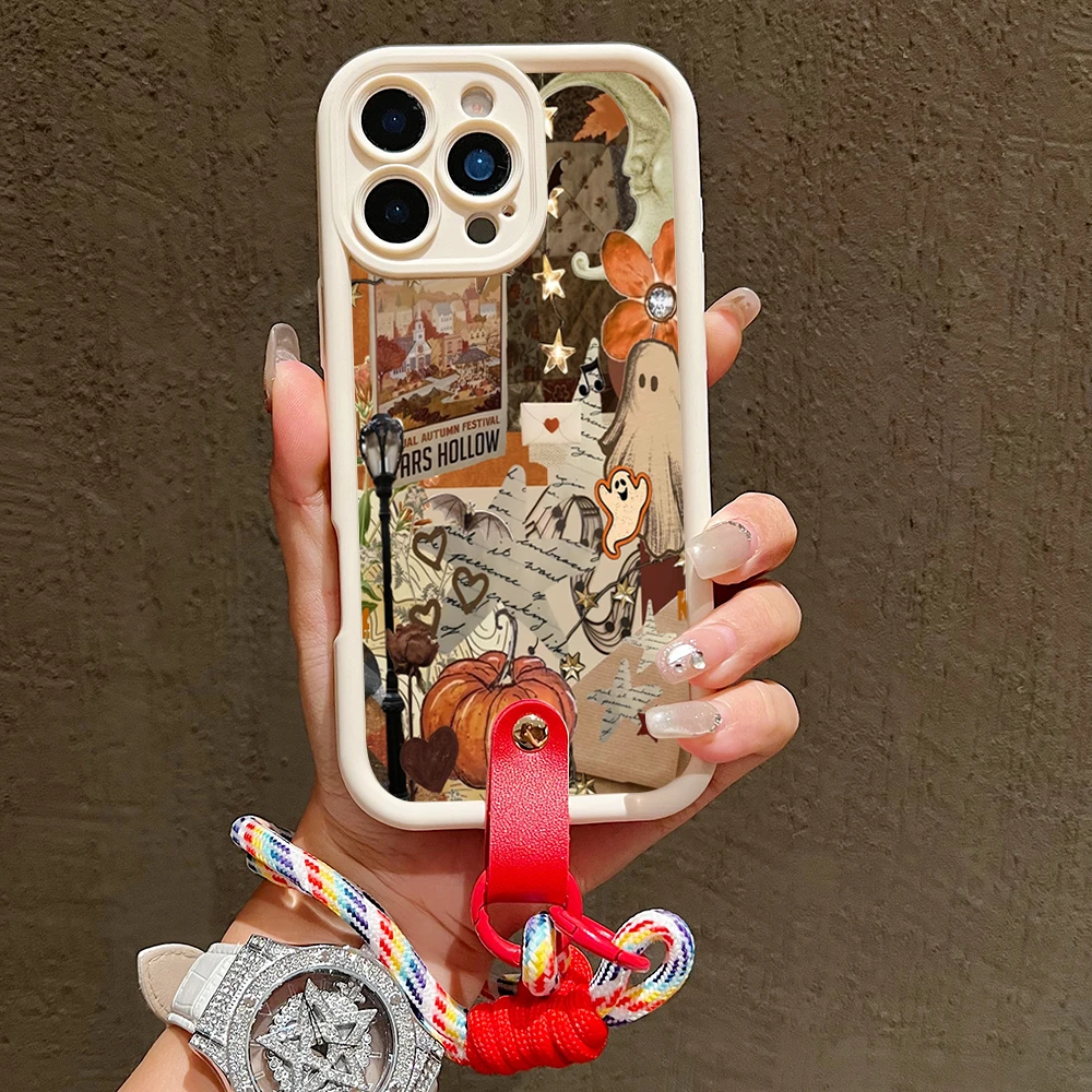 Funda de teléfono de silicona fantasma de Halloween para iPhone 17 16 Pro Max 15 14 13 12 11 XS X XR 7 8 Plus 16E cubierta de cordón con correa para muñeca - imagen 3