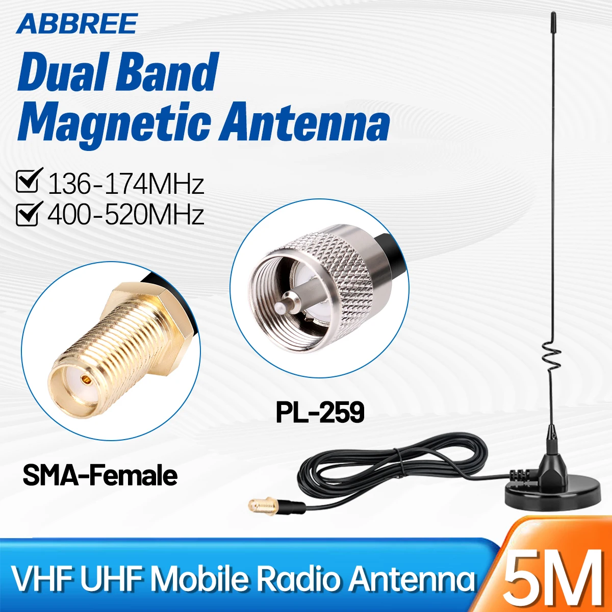 ABBREE AD-109 antena de Radio móvil magnética VHF UHF SMA-hembra para BAOFENG UV-5RH UV-32 BF-888S Quansheng K6 Walkie Talkie PL259