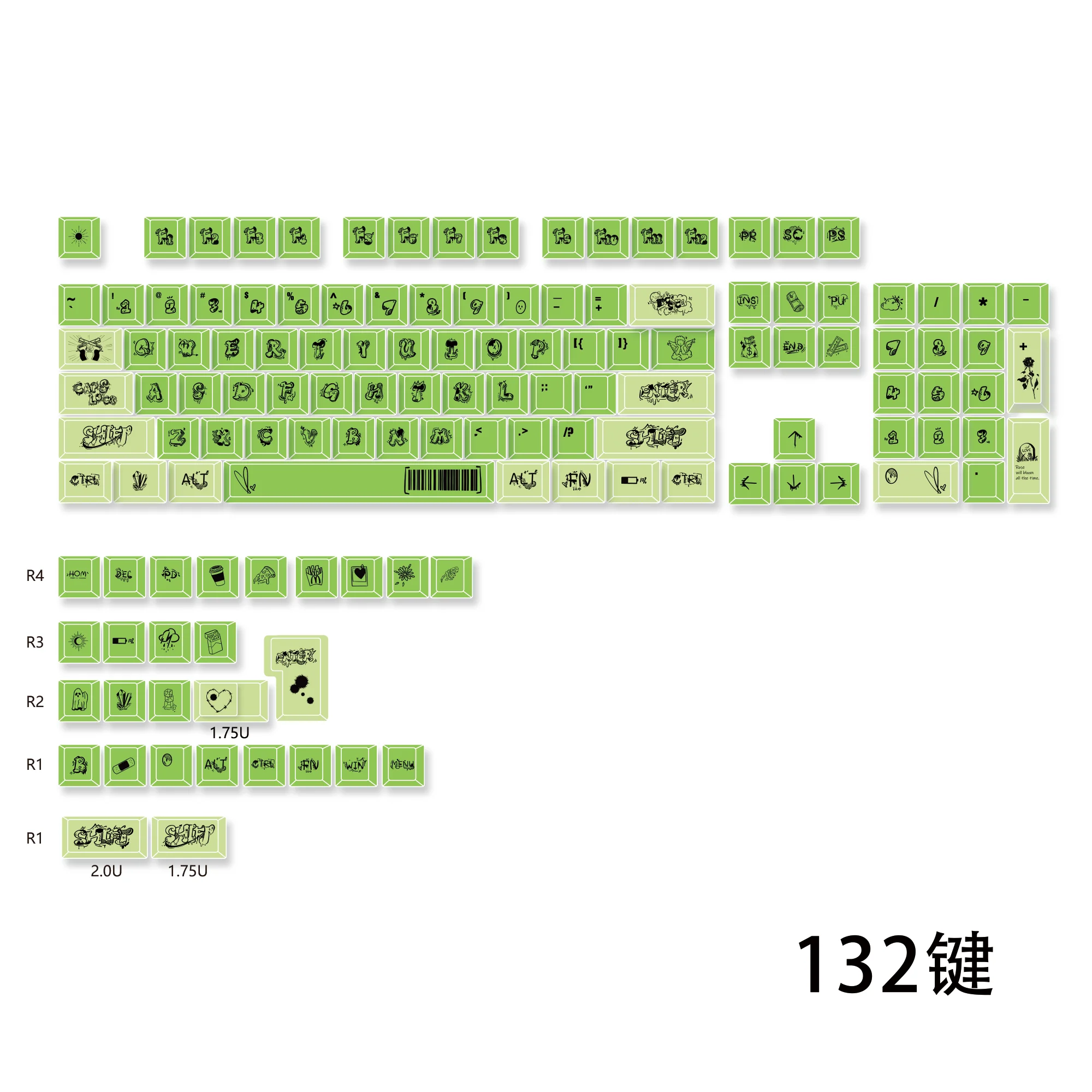 Teclas verdes fluorescentes con grafiti americano, proceso de sublimación Cherry Pbt, pintadas a mano, 132 teclas para teclas personalizadas - imagen 5