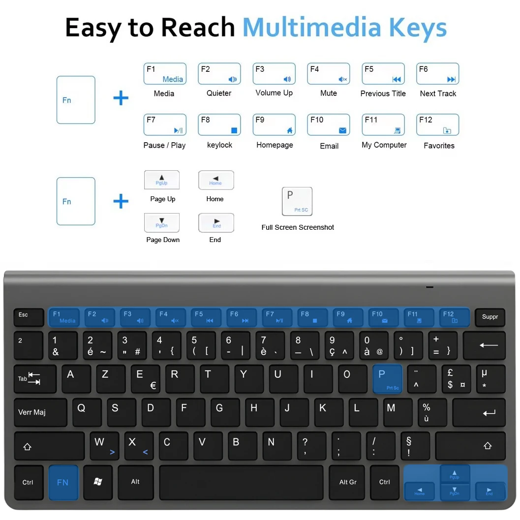 Teclado inalámbrico ultradelgado con diseño AZERTY, teclado francés Multimedia de poco ruido para ordenador portátil, escritorio, Windows, Smart TV - imagen 2