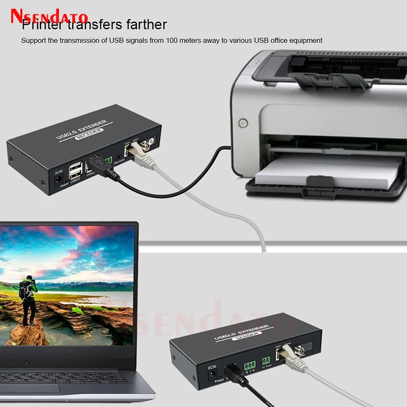 Extensor de fibra USB2.0 de 20KM sobre Cable CAT6, concentrador de extensión USB de 4 puertos RJ45, interruptor para compartir USB de 100m para teclado, ratón, PC y ordenador - imagen 4