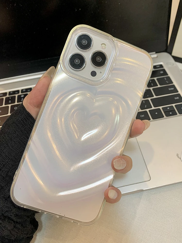 Funda Retro de moda con purpurina y pliegues de corazón de amor para iPhone 16 Pro Max 15 14 13 12 11, funda suave de TPU blanca transparente a prueba de golpes - imagen 3