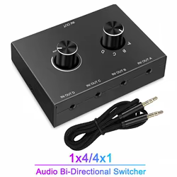 Conmutador de Audio con conector de 4 vías y 3,5mm, caja divisora de interruptor de Audio bidireccional estéreo, 4 en 1 salida/4 en 1 salida con botón de silencio