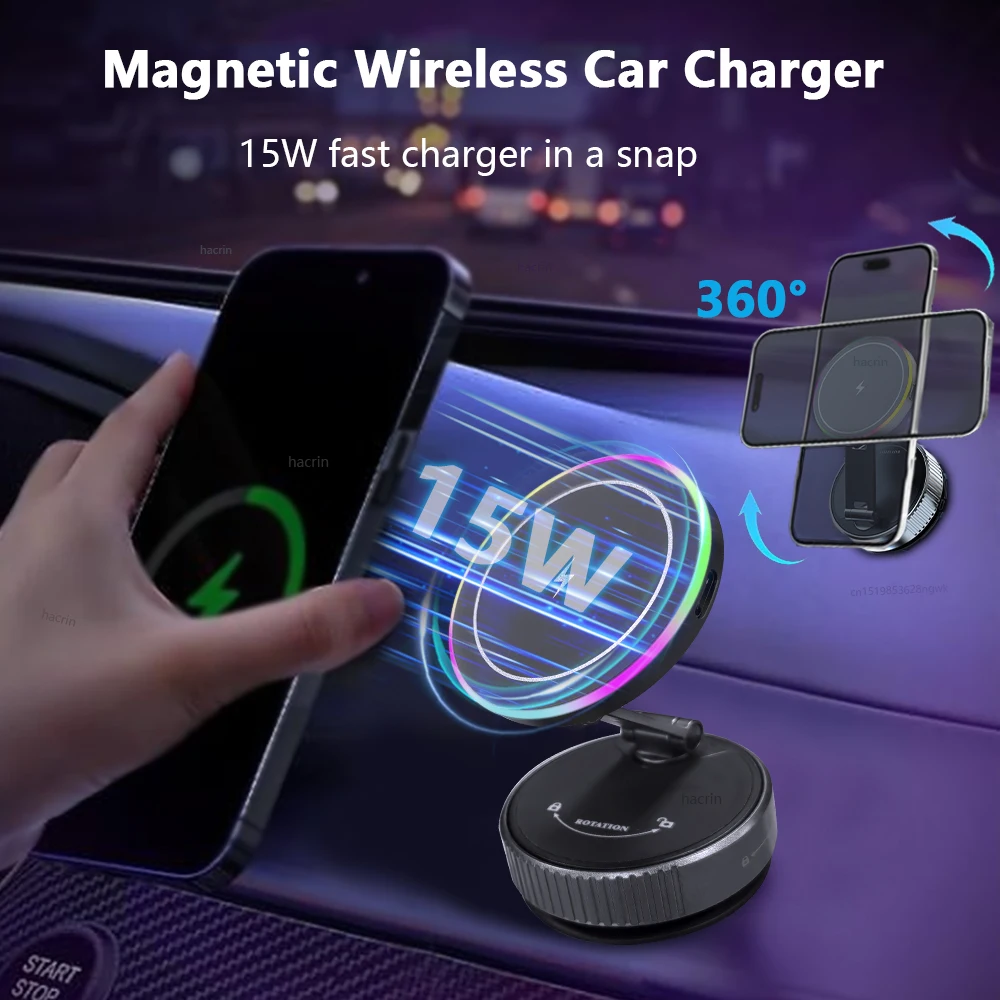 Cargador inalámbrico de coche con rotación de 360 grados para iPhone 17 16 15 14 Samsung Huawei ventosa de vacío cargador inalámbrico magnético para coche - imagen 3