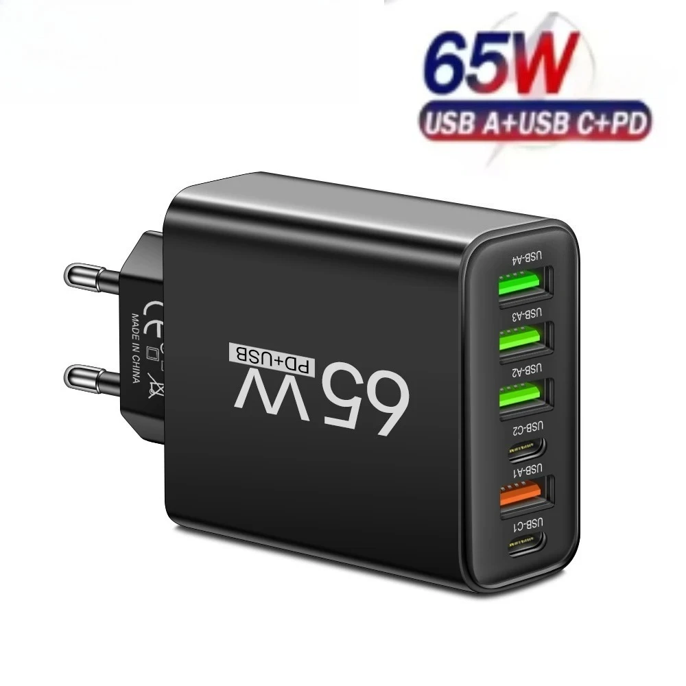 Cargador USB C de 65W y 6 puertos, carga rápida USB QC3.0, cargadores de viaje para iPhone 15, Samsung, Xiaomi, adaptador para teléfono móvil, enchufe UE y EE. UU.