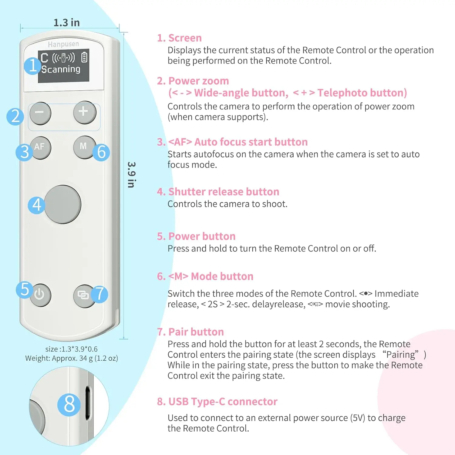 Hanpusen BR-3C Control remoto inalámbrico multifunción recargable para Canon R RP R5 R8 R50 R100 M50 M200 M6II 6DII G7X3 G5X2 - imagen 5