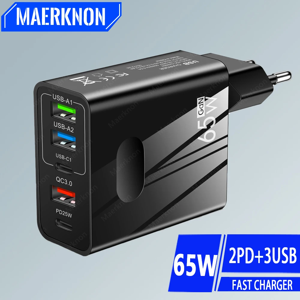 Cargador USB GaN de 65W y 5 puertos PD tipo C, cargador de pared de carga rápida para iPhone, Xiaomi, Samsung, cargador de teléfono multipuerto de carga rápida