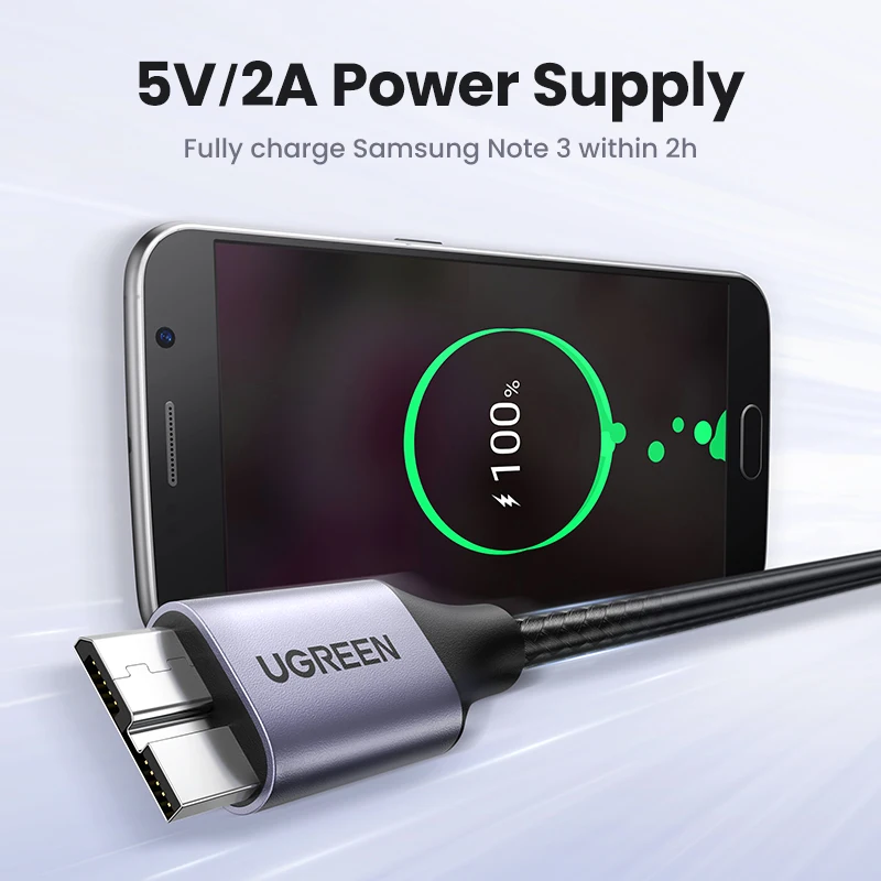 Ugreen-Cable de datos de carga rápida para teléfono móvil, Micro USB 3,0, 3A, 1M, para Samsung Note 3, S5, Toshiba, disco duro - imagen 3