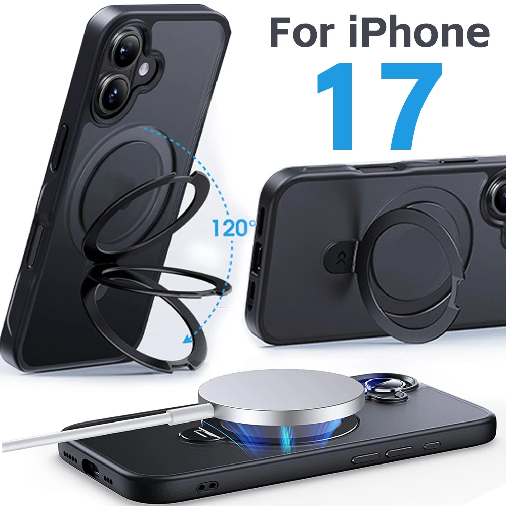 Para iPhone17 soporte de carga inalámbrica anillo estuche rígido para Iphone 17 Pro Max 17 Air 17 Pro cubierta de parachoques de PC magnética para iPhone17