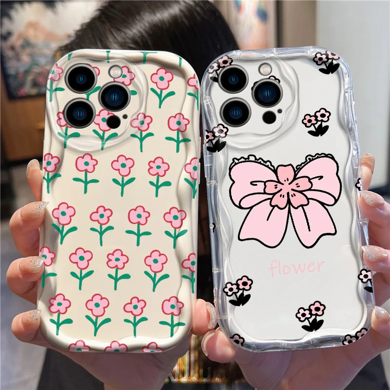 Funda de teléfono con nudo de mariposa y flores para Apple, carcasa con dibujos animados para iPhone 15, 14, 13, 12, 11, XS, XR, X Pro Max Plus