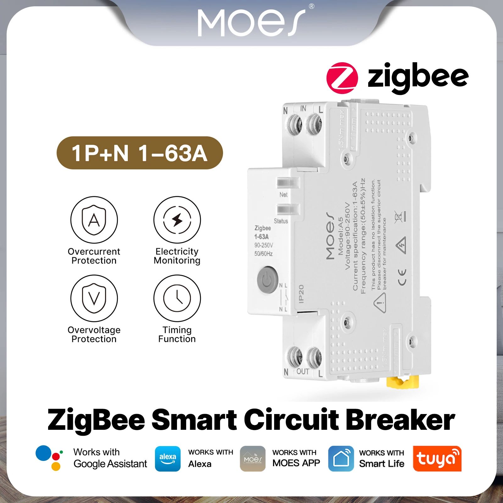 MOES Tuya Zigbee-disyuntor inteligente 63A, Monitor de electricidad V0, juego de umbral de alarma retardante ignífugo, Control por aplicación con Alexa