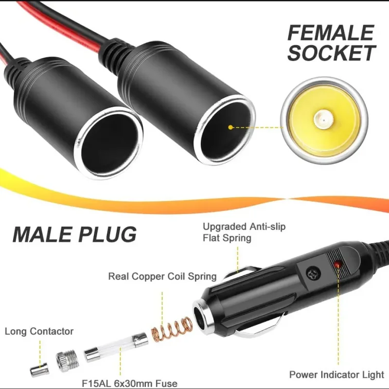 12V 24V 1 a 2 encendedor de cigarrillos de coche adaptador de corriente puente divisor enchufe hembra Cable de extensión - imagen 2