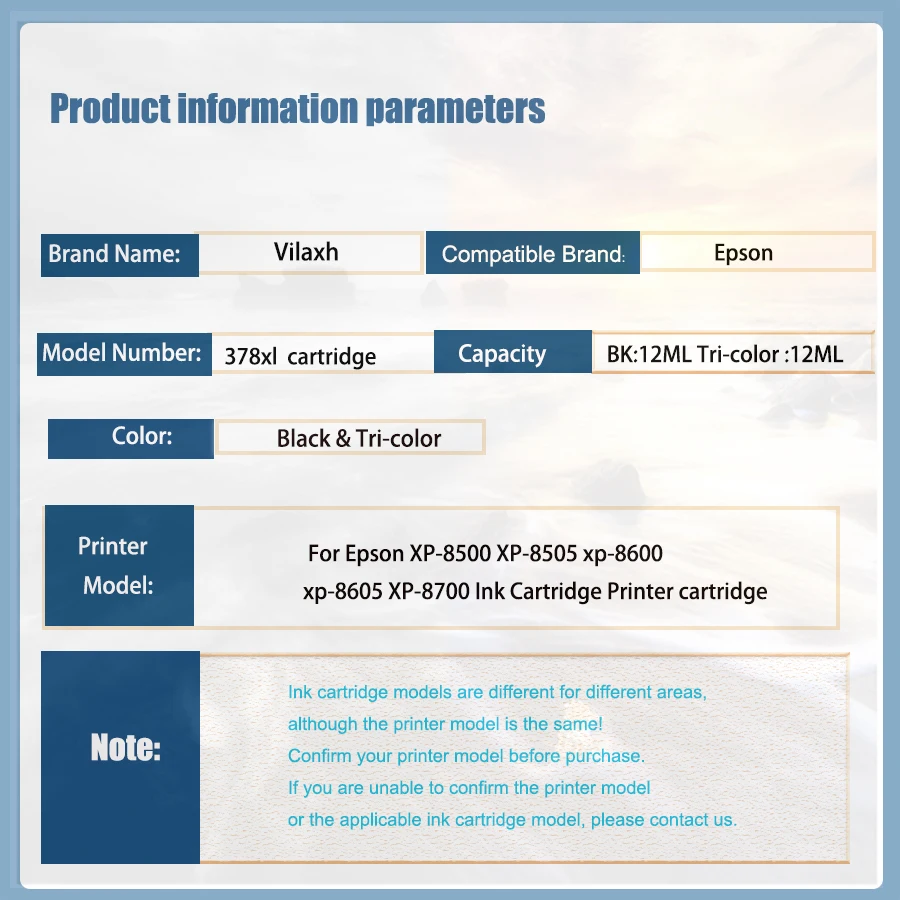 Vilaxh 6Color T378 378XL T3791 Compatible con Epson XP-8500 XP-8505 xp-8600 xp-8605 XP-8700 cartucho de tinta para impresora - imagen 2