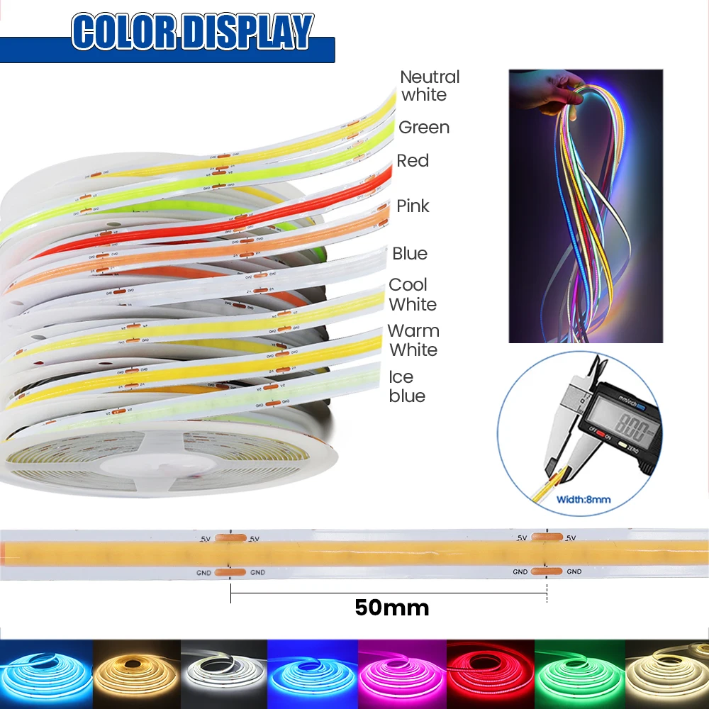 Tira de luces LED COB USB de 5V CC, 8mm, 320LEDs/m, cinta lineal Flexible de alta densidad, luz blanca cálida, roja, azul, RA 90, lámpara de decoración para el hogar - imagen 4