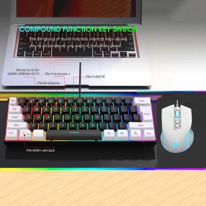 Teclado y ratón 60%RGB gaming pc usb combo teclados retroiluminados kit mini gamer teclado con cable y ratón conjunto ordenador blanco negro - imagen 2