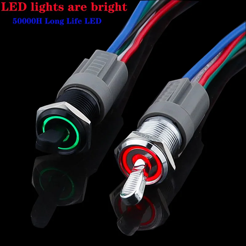 Interruptor de palanca de Metal de 16MM, luz LED impermeable, autobloqueo, 2/3 posiciones, encendido y apagado, Micro interruptor de botón 1NO1NC 15A 12V 220V 3 pines/5 pines - imagen 3