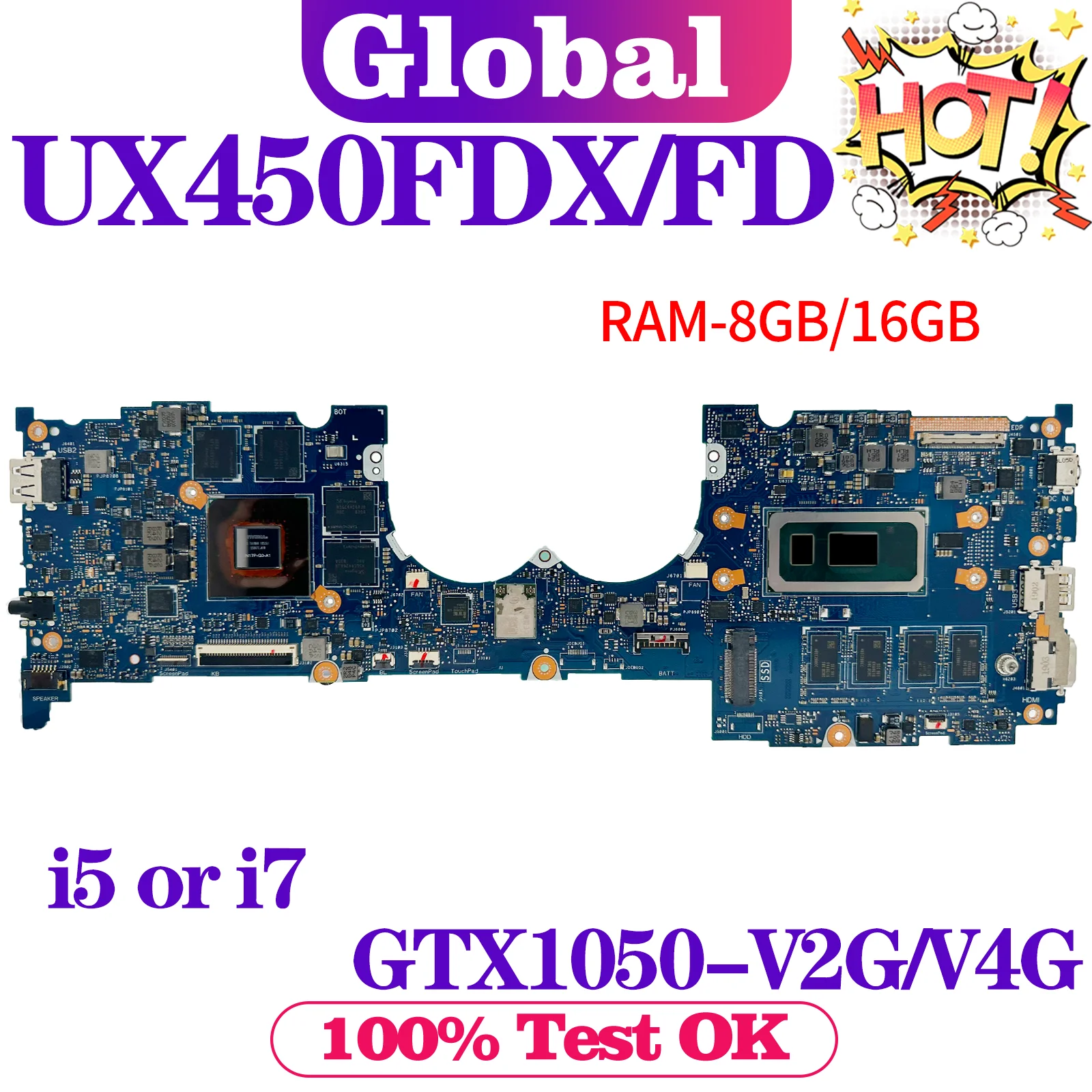 Placa base para ASUS Zenbook Pro 14 UX480F UX450FD UX450FDX UX450FDA UX450F placa base para ordenador portátil i5 i7 8th Gen GTX1050 8G/16G-RAM