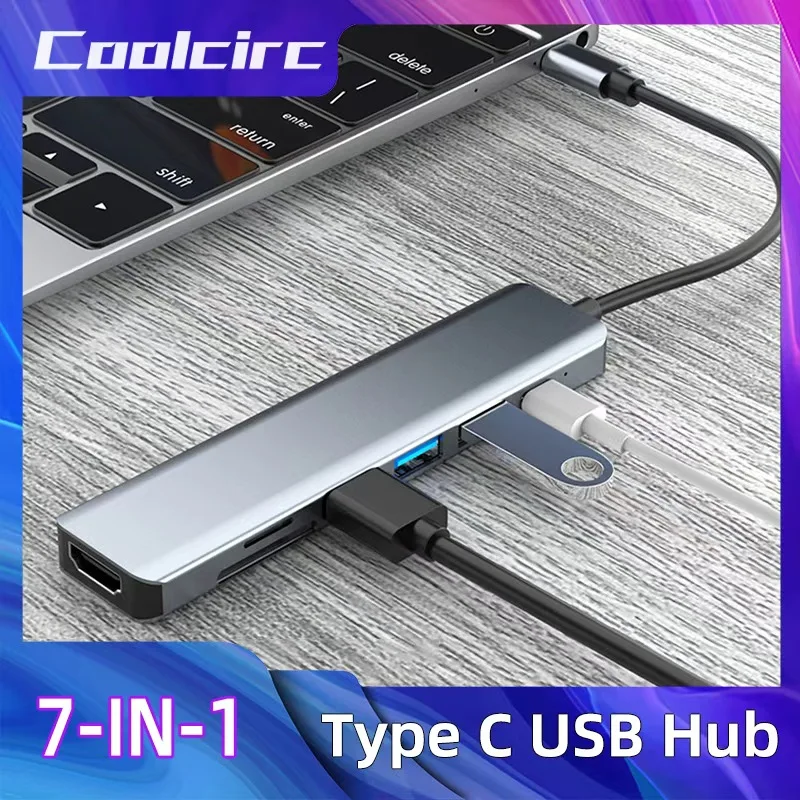 Coolcirc-HUB USB 7 en 1 tipo C de aleación de aluminio, adaptador USB 3,0/2,0 Compatible con HDMI, lector de tarjetas SD/TF para ordenador, iPhone y tableta