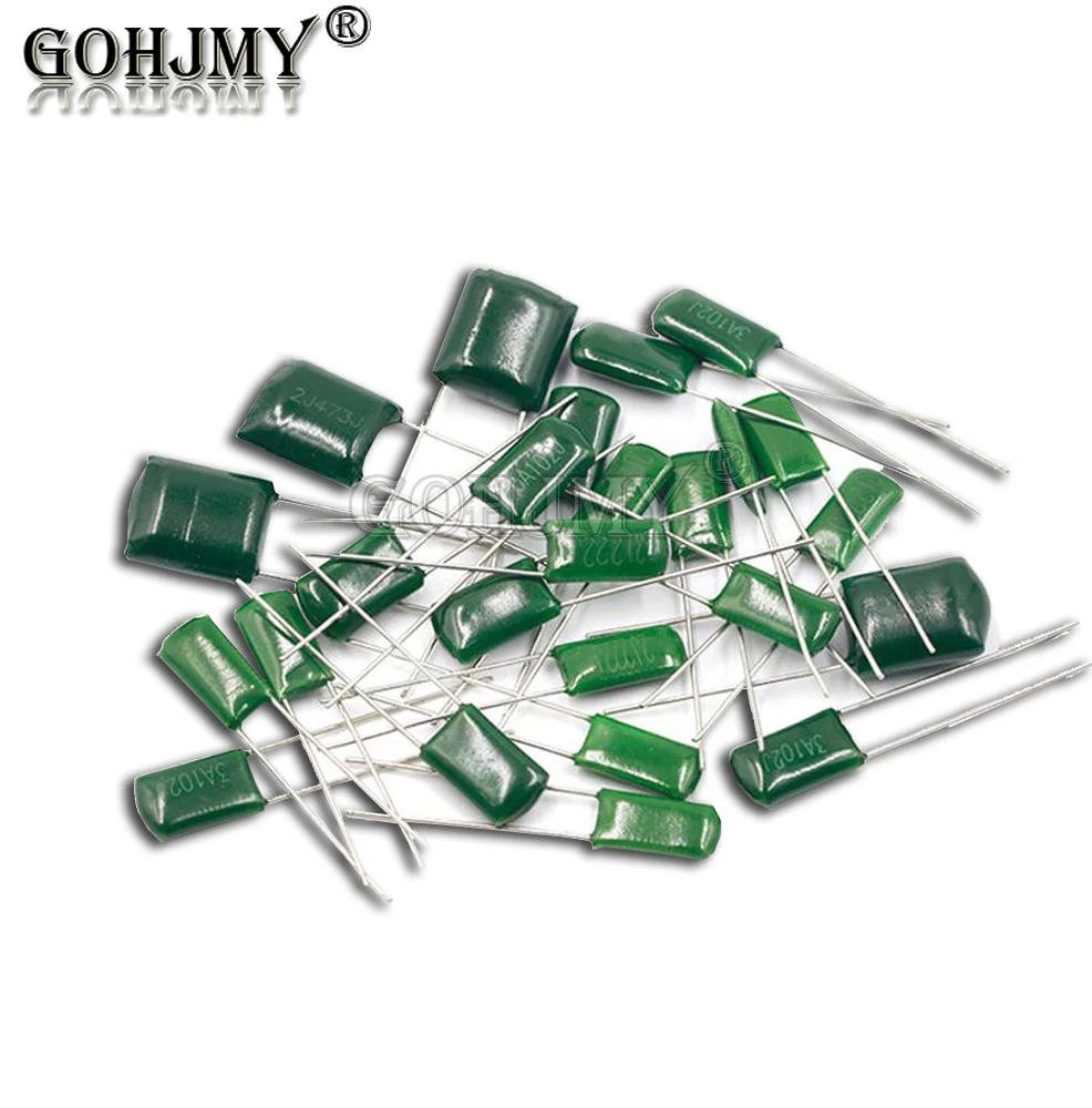 Condensador de película de poliéster, 50 piezas, 100V, 1nF, 1.5nF, 2.2nF, 220nF, 330nF, 2A224J, 2A334J, 2A222J, 2A332J, 2A472J, 2A822J, 2A103J, 2A153J