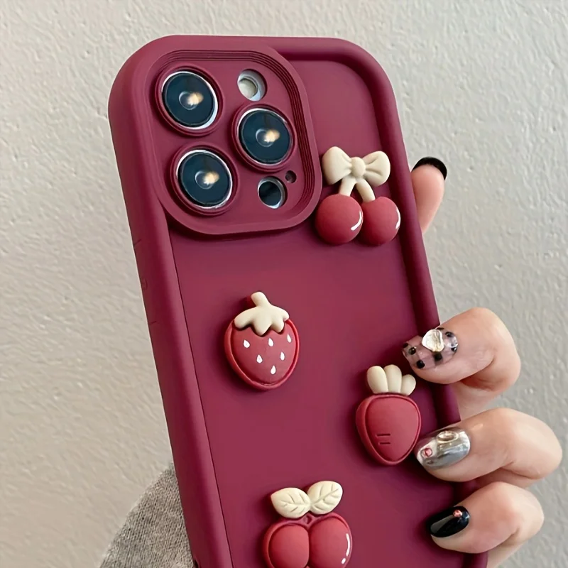 Funda de teléfono coreana encantadora 3D fresa roja cereza para iPhone 17 16 15 14 13 12 11 Pro Max 16E 17Air X XR XS 7 8 Plus funda suave - imagen 3