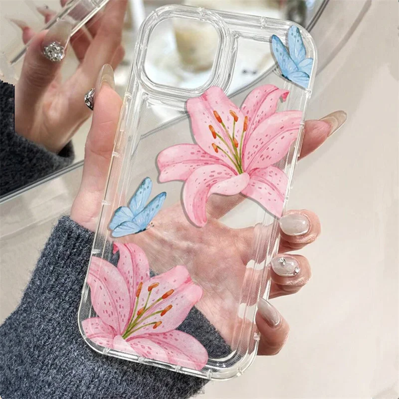 Funda de teléfono transparente con diseño de lirio rosa Ins para iPhone 16 16e 14 13 15 Pro Max 11 12 Pro Mini 7 8 Plus SE 2022 cubierta a prueba de golpes - imagen 2