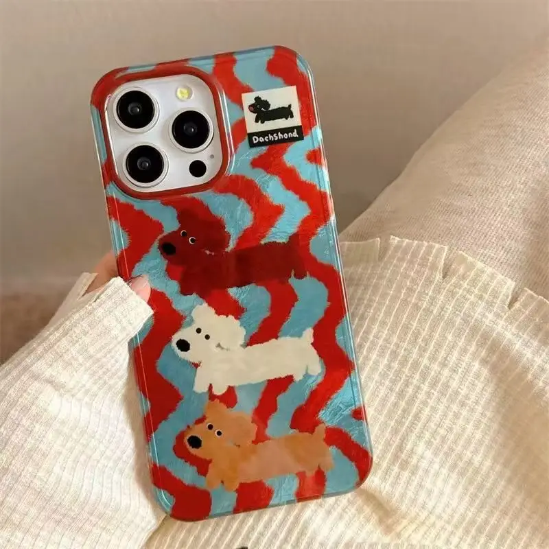 Funda de teléfono para iPhone 11, 12, 13, 14, 15 16 Pro Max XS X XR 7 8 Plus, carcasa perforada con forma de remolino, cubierta para perros salchicha a rayas con grafiti IND - imagen 4