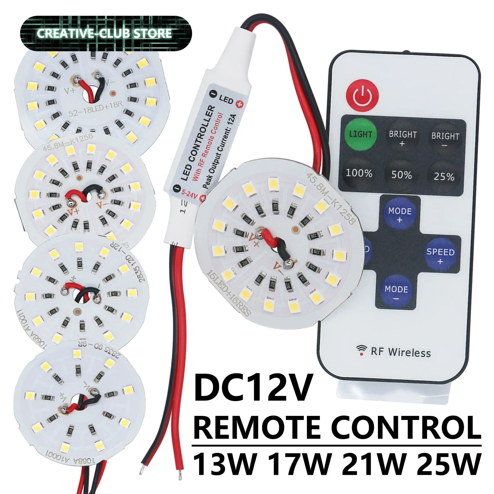 Panel de luz LED con atenuador de Control remoto, 13W, 17W, 21W, 25W, DC12V, LED blanco frío y cálido, PCB, sustrato de aluminio, bombilla redonda DIY - imagen 2