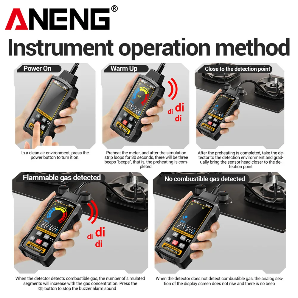 ANENG GN807 Detector de gases combustibles de detección Varios gases inflamables Alarma de luz y sonido 50 ~ 10000PPM Detección de metano - imagen 5