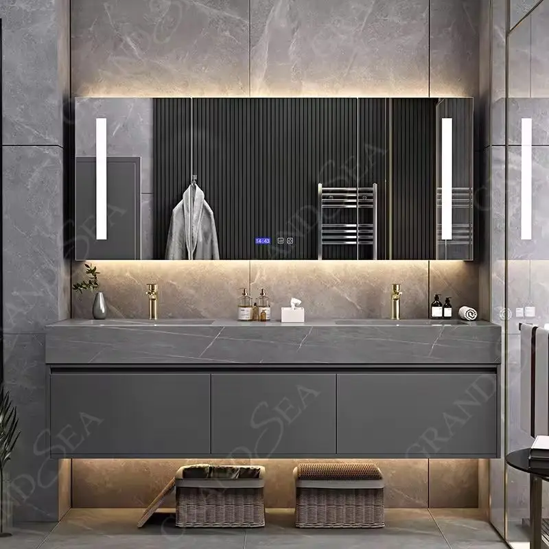 Muebles de baño de lavabo doble listos y vanidades ligeras, mueble de tocador de baño de lujo moderno - imagen 3