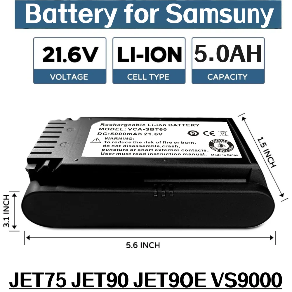 Batería de aspiradora de iones de litio de 21,6 V y 5000 mAh VCA-SBT90 para Samsung serie JET75/JET90 (mascotas/completa/multi). - imagen 4