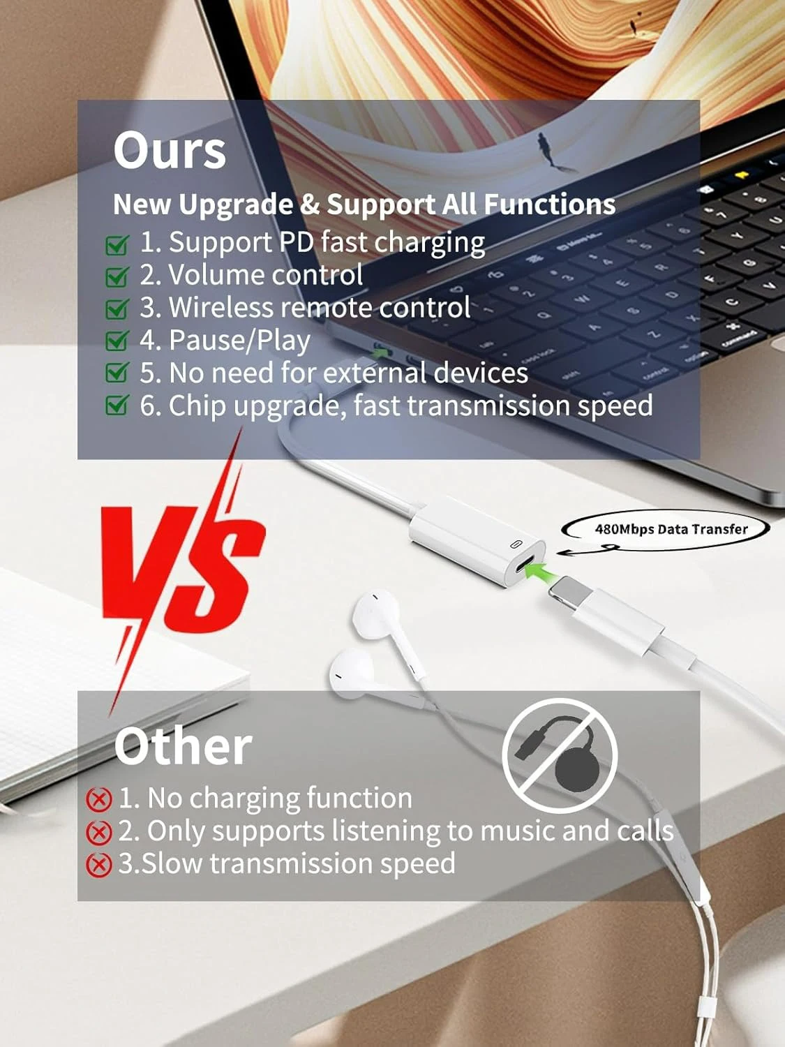 Adaptador USB C a Lightning 3 en 1, compatible con carga, datos y Audio, convertidor de auriculares con cable para i-Phone 16 15 Series i-Pad Pro - imagen 4