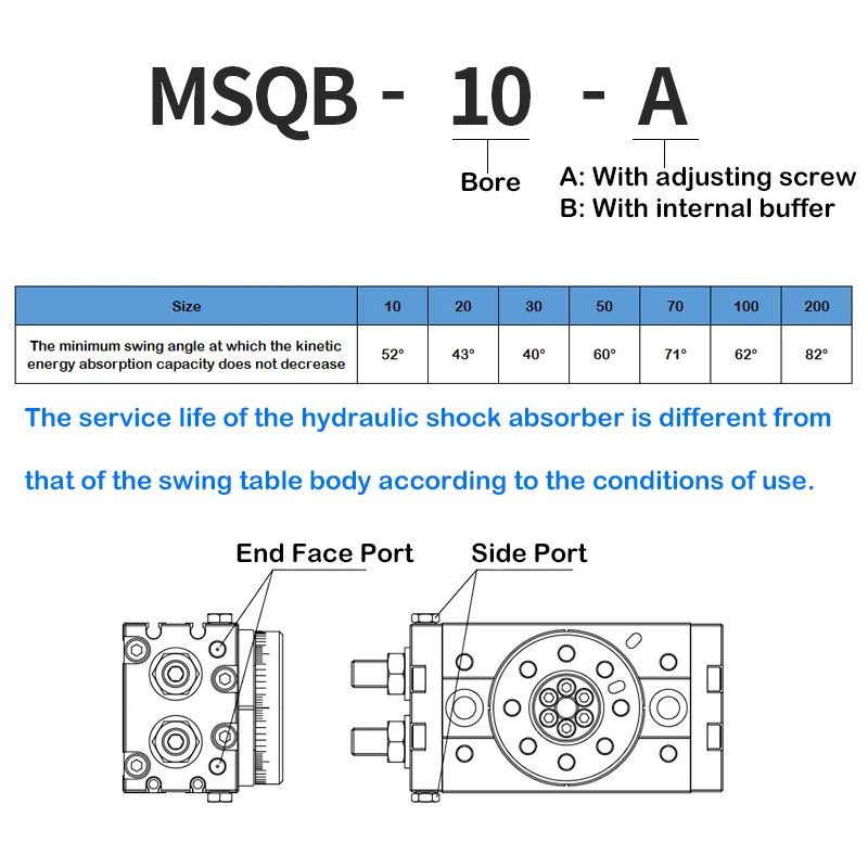 MSQB10A MSQB20A MSQB50A MSQB70A MSQB10AR MSQB30R MSQB50R MSQB70R Cilindro neumático giratorio MSQB50A ajustable 0-190 grados - imagen 3
