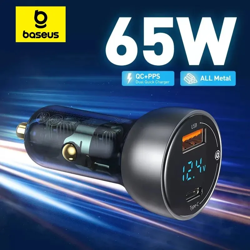 Cargador de coche Baseus 65W PPS con puerto dual USB tipo C PD QC carga rápida para el ordenador portátil translúcido cargador de teléfono de coche para iPhone