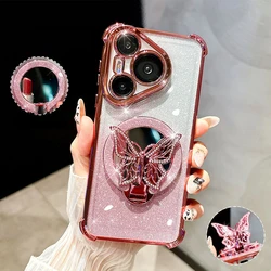 Funda de teléfono con soporte de espejo con purpurina de mariposa para Huawei Nova 13 Pro 12 11 10 9 8 7 6 5 Pro SE, funda de silicona suave con soporte a prueba de golpes