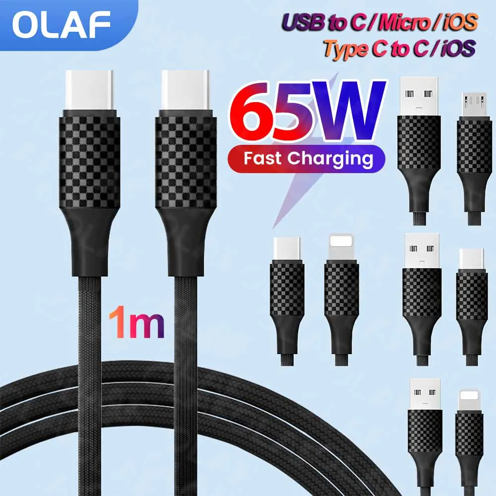 Cable de carga rápida 6A 65W tipo C a C para iPhone 16 15 USB a Lightning Micro Cable de carga tipo C Cable de teléfono móvil USB C