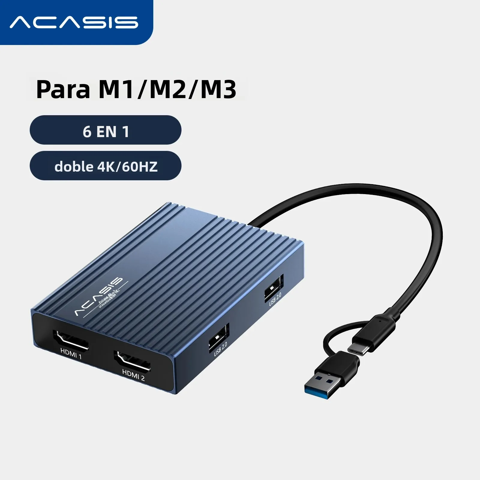Acasis Displaylink Hub 6 en 1 estación de acoplamiento USB-C doble 4K/60HZ PD 100W entrada 90W salida para Macbook M1/M2/M3