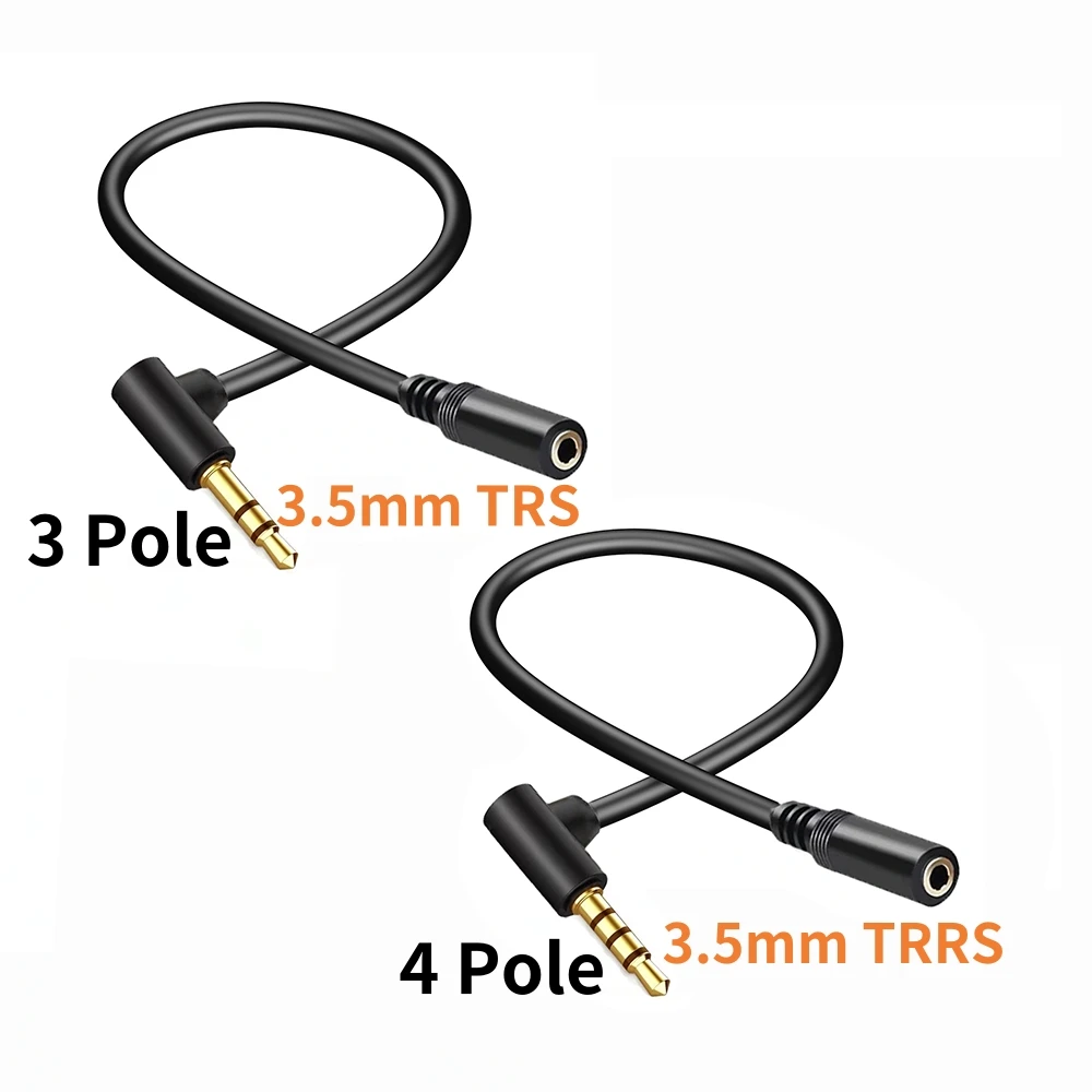 Cable de extensión para auriculares, 90 grados, 3,5mm, TRS/TRRS, conector macho a hembra, Cable de Audio para PC, MP3, Smartphone, tableta, altavoz, auricular