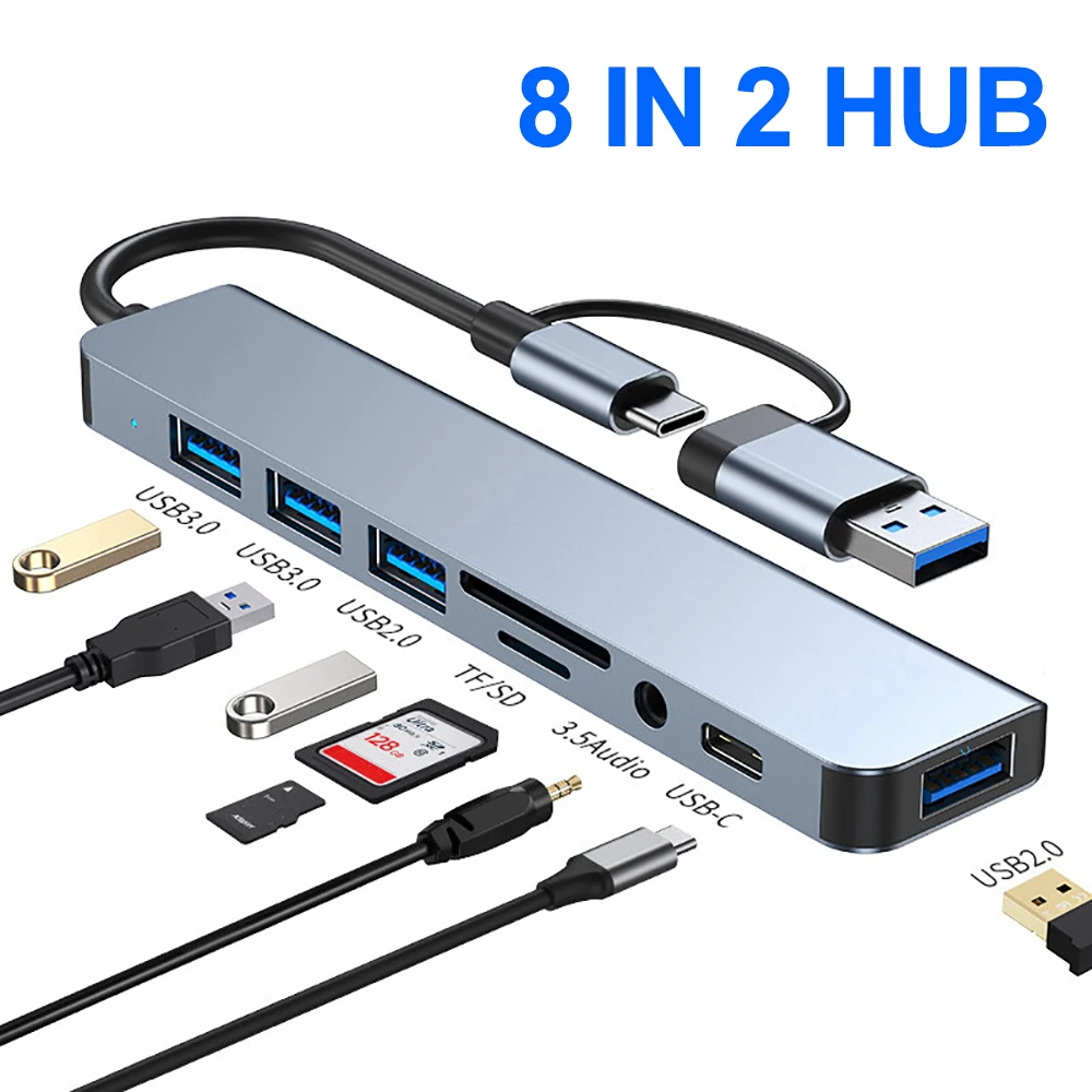 Concentrador de red USB tipo C 8 en 2, divisor USB 3,0, Adaptador tipo C a USB OTG, estación de acoplamiento para MacBook, Notebook, ordenador portátil