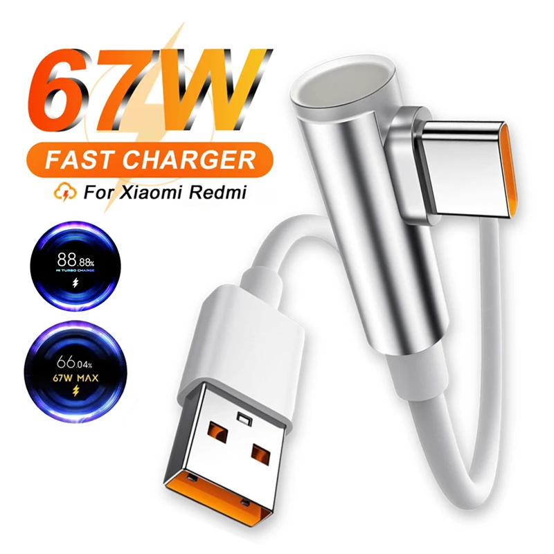 Cable tipo C de 90 grados, codo 6A, 67W, 90W, 120W, Cable de carga ultrarrápida para Xiaomi 10 11 Lite 12X 13 14 15 Redmi Note 12 POCO X5