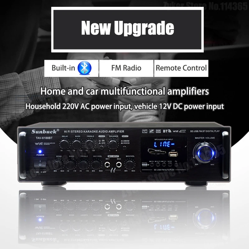 Amplificador DE SONIDO Bluetooth para el hogar y el coche, dispositivo de Audio estéreo Digital con entrada de micrófono, USB, SD, FM, AUX, 12V, 220V - imagen 2