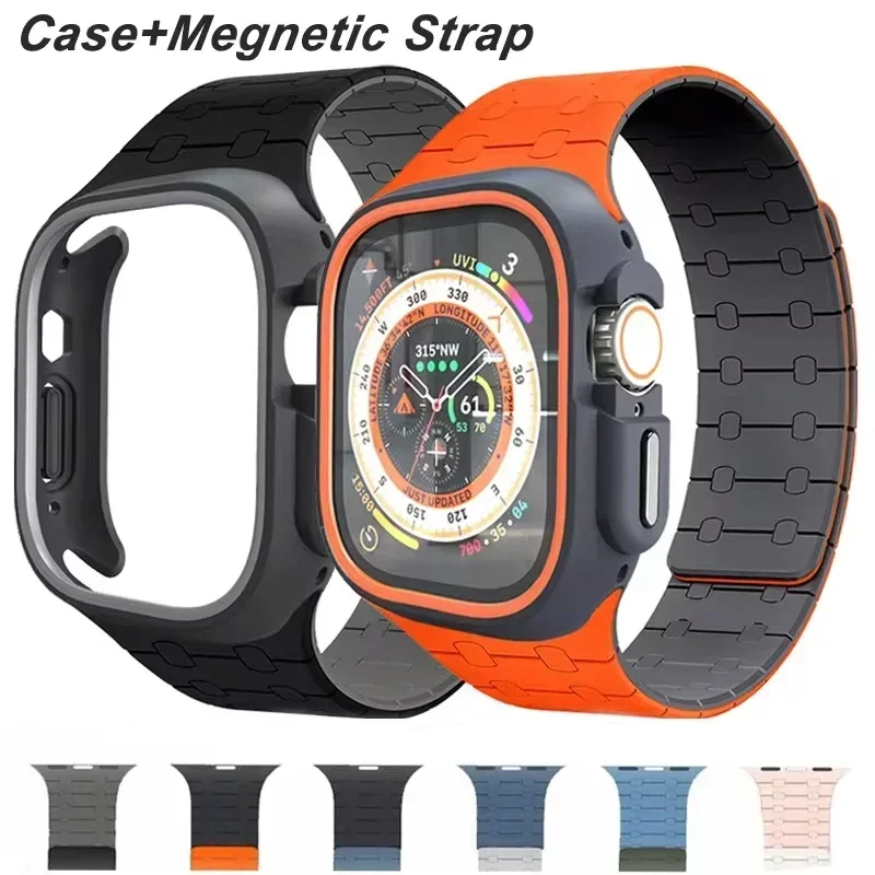 Funda de TPU + correa de silicona magnética para Apple Watch Band Ultra 2 49mm 45mm 44mm 41mm pulsera para Iwatch Series 9 8 7 cubierta + banda