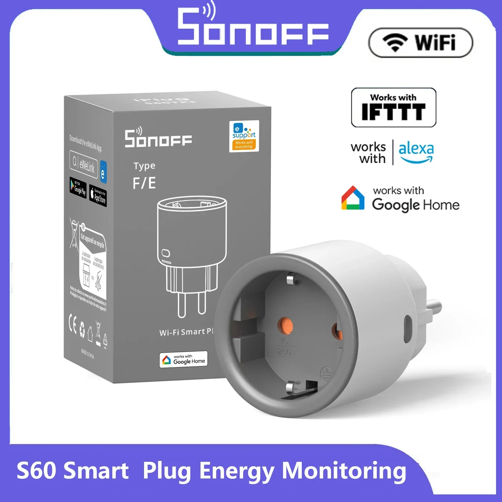 SONOFF S60 EU SONOFF Wifi enchufe Wifi enchufe inteligente protección contra sobrecarga temporizador escena inteligente Control remoto a través de EWeLink Home IFTTT
