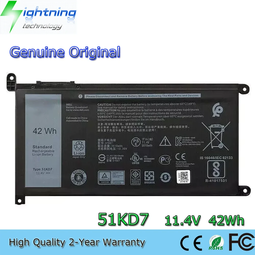 Batería genuina para ordenador portátil 51KD7 11,4 V 42Wh para Dell Chromebook 11 3180 3181 3189 5190 FY8XM