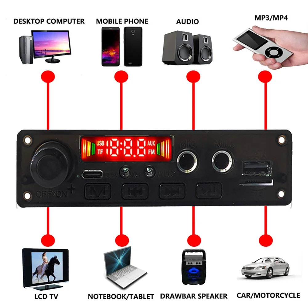 Placa decodificadora de MP3 amplificador de 10W con micrófono Dual de 6,5mm conector de micrófono de 3,5mm reproductor de Audio Bluetooth reproductor de MP3 módulo de Radio FM para coche TF/USB - imagen 4