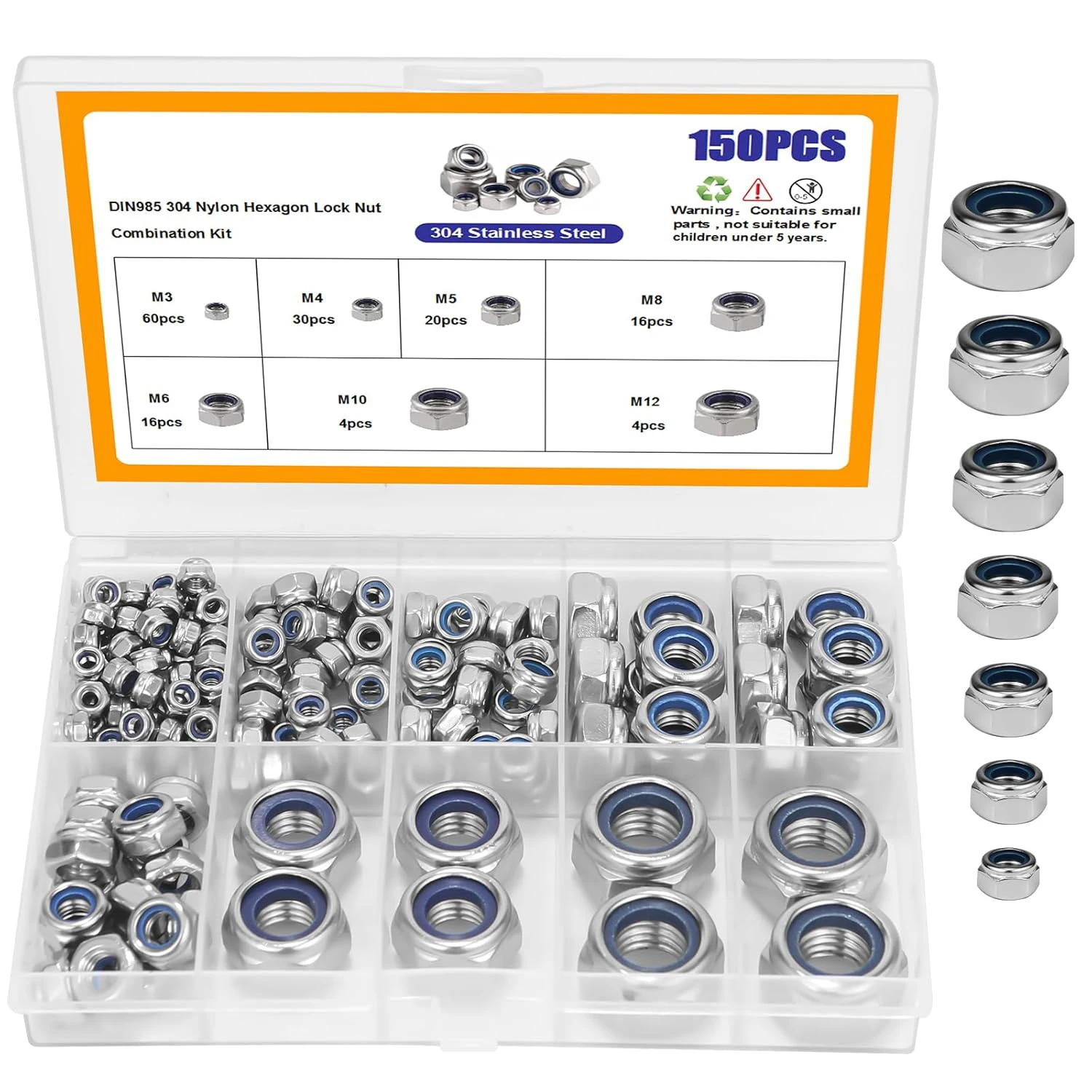 Kit surtido de tuercas de seguridad de 150 Uds., tuercas autoadhesivas de acero inoxidable 304, M3, M4, M5, M6, M8, M10, M12 inserto de nailon métrico de 7 tamaños