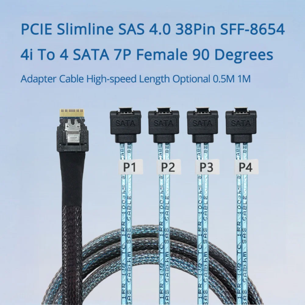 PCIE Slimline SAS 4,0 38Pin SFF-8654 4i a 4 SATA 7P hembra Cable adaptador de 90 grados longitud de alta velocidad opcional 0,5 M 1M
