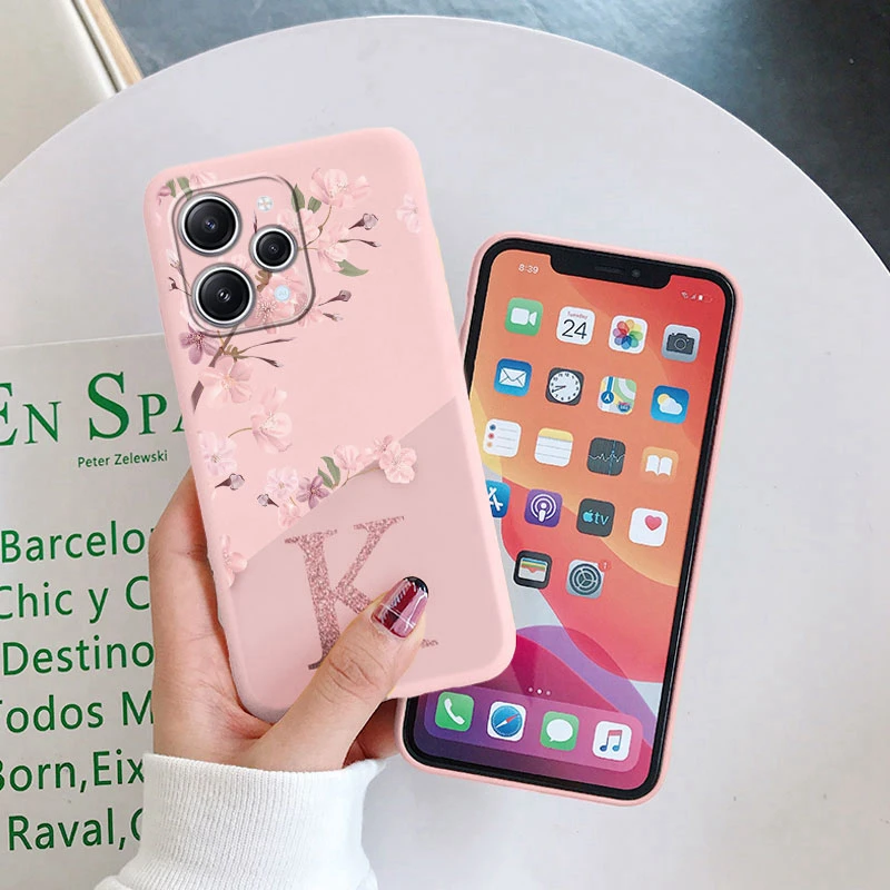 Para Redmi 12 Note 14 Pro funda de teléfono flores rosas letra inicial A a Z funda trasera suave de silicona alfabeto Coque Shell pareja Capa - imagen 3